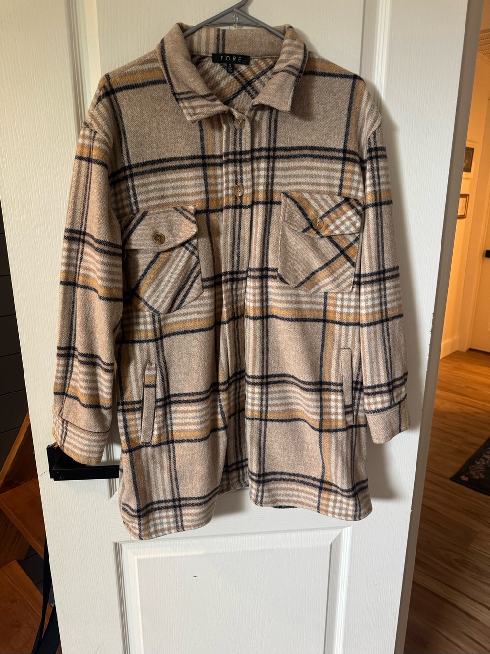 FORE Plaid Utility Shacket in Beige